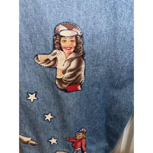 Womens Embellished Denim Blue Jean XL Top Quilt Pin Up Girl Quilter USA Patriot - Picture 8 of 16